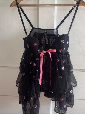 Victoria's Secret Black Mesh Babydoll with Pink Accents